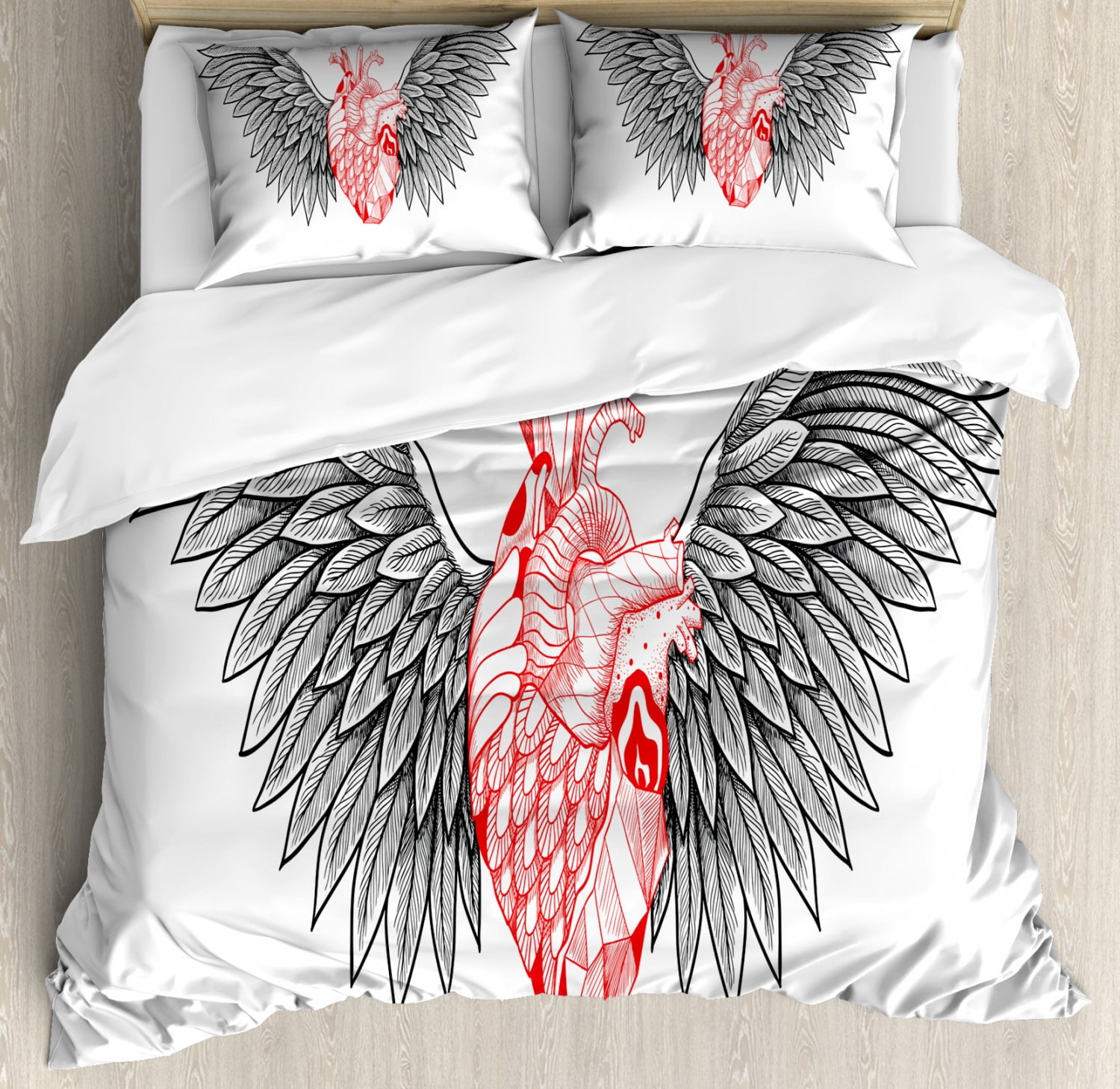Angel Wings Duvet Cover Set Queen Size, Heart with Wings Anatomy of Love Human Body Gothic Valentines Day Theme, 3 Piece Bedding Set with 2 Pillow Shams, Vermilion and Grey, by Ambesonne