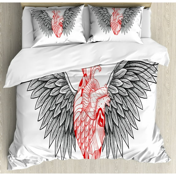 Angel Wings Duvet Cover Set Queen Size, Heart with Wings Anatomy of Love Human Body Gothic Valentines Day Theme, 3 Piece Bedding Set with 2 Pillow Shams, Vermilion and Grey, by Ambesonne