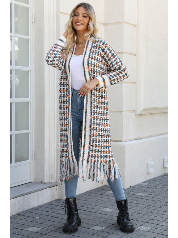 Angel Wings Full Size Multicolored Open Front Fringe Hem Cardigan
