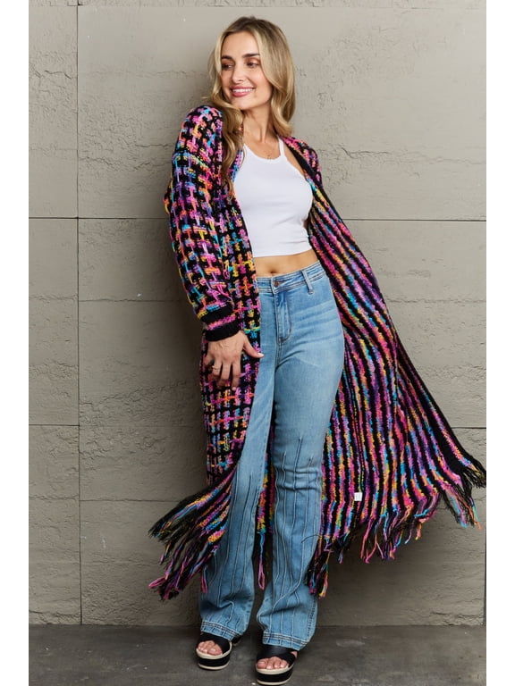 Angel Wings Full Size Multicolored Open Front Fringe Hem Cardigan