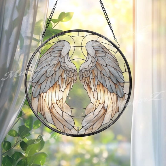 Angel Wings Glass Suncatcher, Memorial Window Decor, Sympathy, 6.3 in