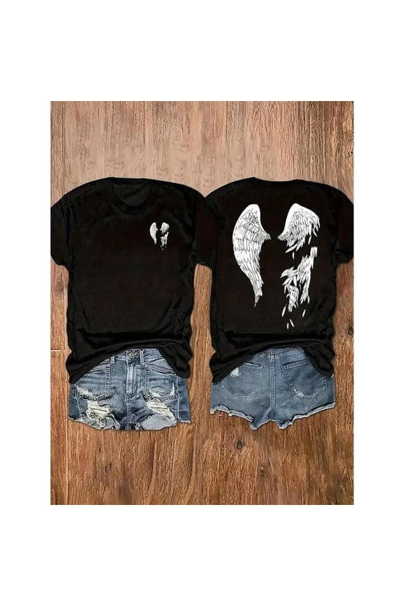 Angel Wings Graphic Tee Double Sided Print T Shirt Tops Short Sleeve Round Neck Cotton Black S-5XL