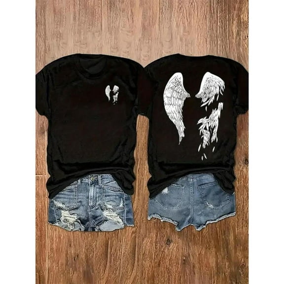 Angel Wings Graphic Tee Double Sided Print T Shirt Tops Short Sleeve Round Neck Cotton Casual Black S-5XL