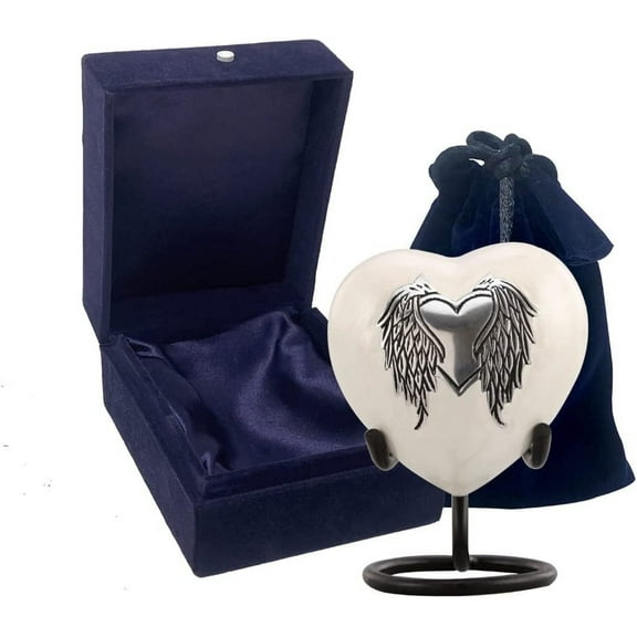 Angel Wings Heart Keepsake Urn - Loving Angel Wings Mini Heart Cremation Urn for Ashes- Handcrafted Angel Wings & Heart Sharing Urn with Stand, Velvet Case & Bag (Pearl White Heart Keepsake)