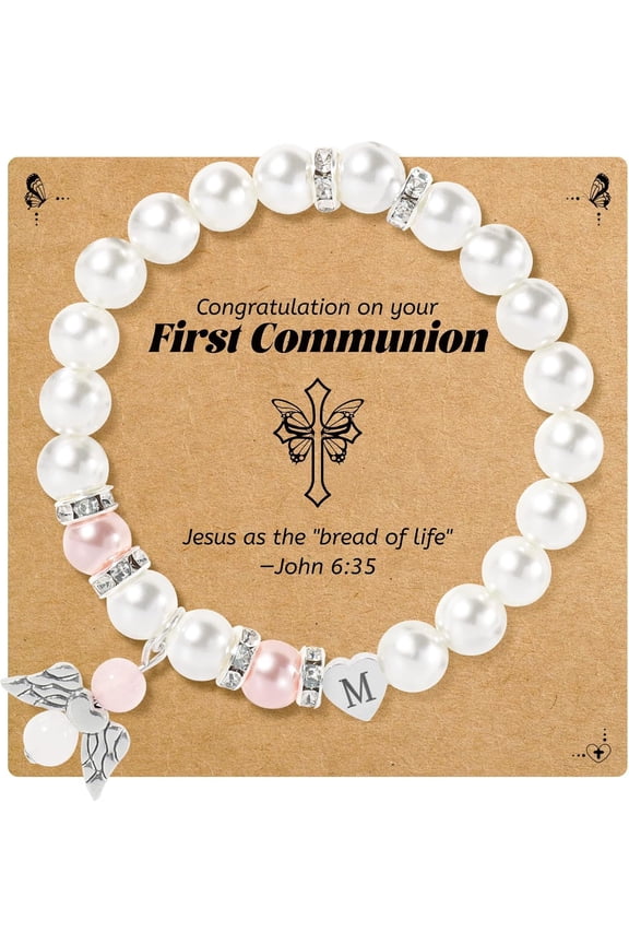 Angel Wings Heart Letter Pearl Bracelet, Catholic Daughter's First Communion Gift