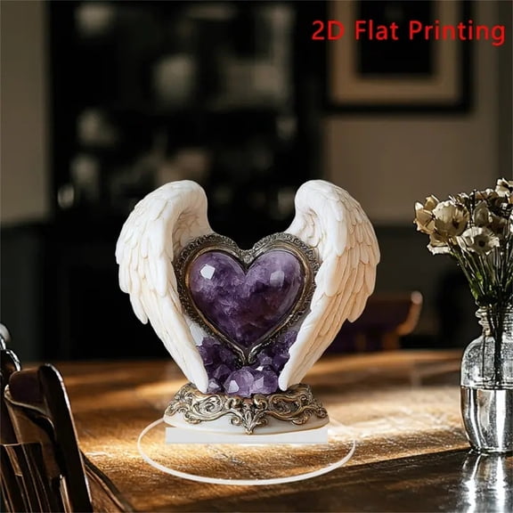 Angel Wings Heart Ornament Valentine's Day Heart Shaped Angel Wing Table Decoration 2D Flat Acrylic Love Standing Ornament 2D Plaque for Home Office Valentine's Day Desk Decoration
