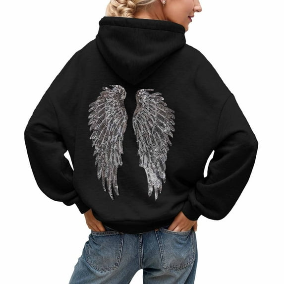 HOWPAY Angel Wings Hoodies for Women Long Sleeve Drop Shoulder Sweatshirts with Rhinestone and Pockets Vintage Oversized Fall Winter Jacket Black XXL