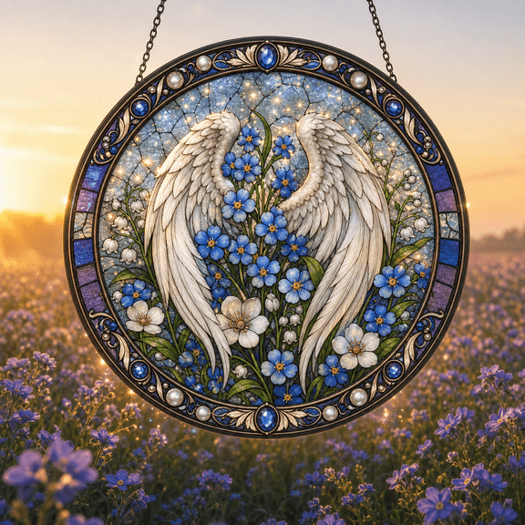 Angel Wings Memorial Glass Suncatcher with Blue Floral Design Sympathy Gift