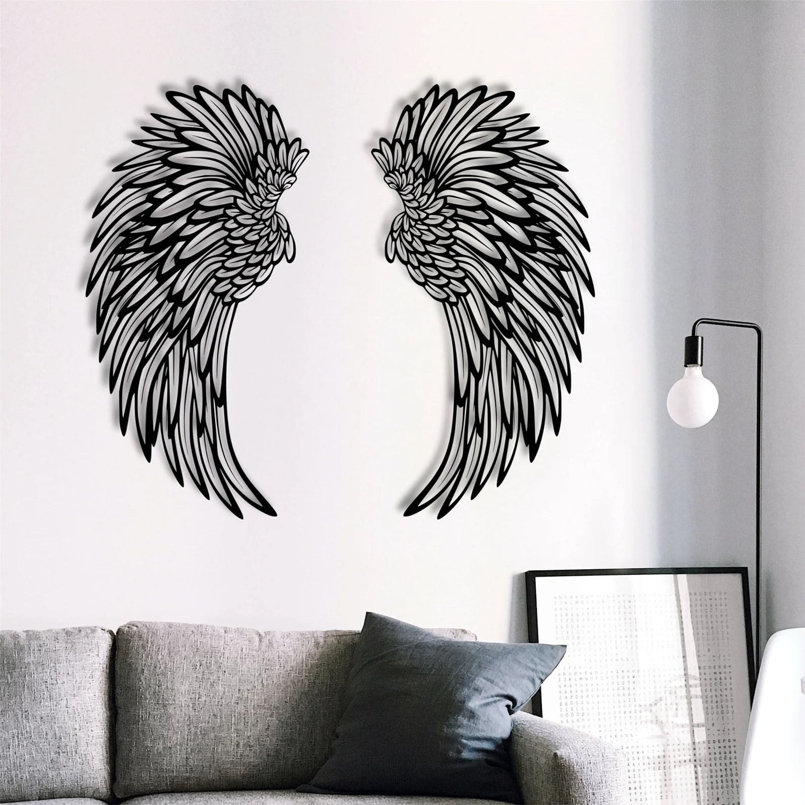 Black Metal Angel Wings Wall Sculpture with LED Light