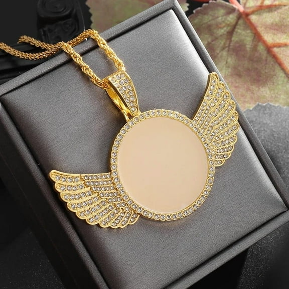 Angel Wings Mirror Photo Memorial Pendant Inlaid with Ice Crystal Zirconia 14K Yellow Gold Necklace Couple Trendy Jewelry Birthday Gift