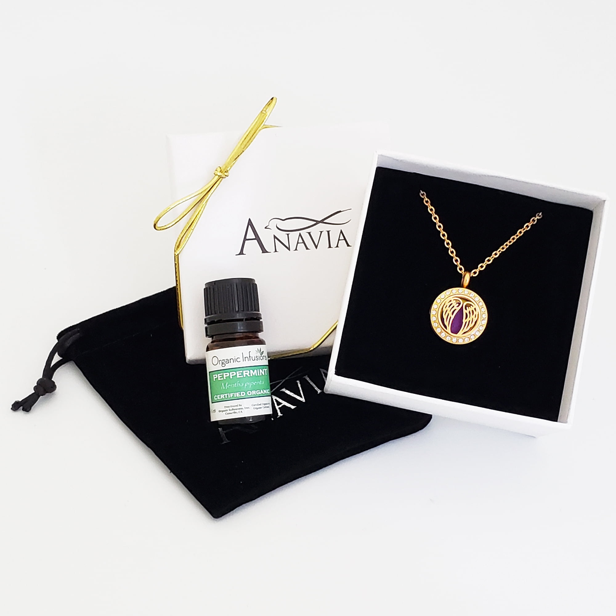 Angel Wings Mother's Day Gift for Mom Girlfriend Wife Diffuser Rhinestone Necklace & Organic Essential Oil Aromatherapy Jewelry Gift Set - Gold Necklace & Peppermint Oil