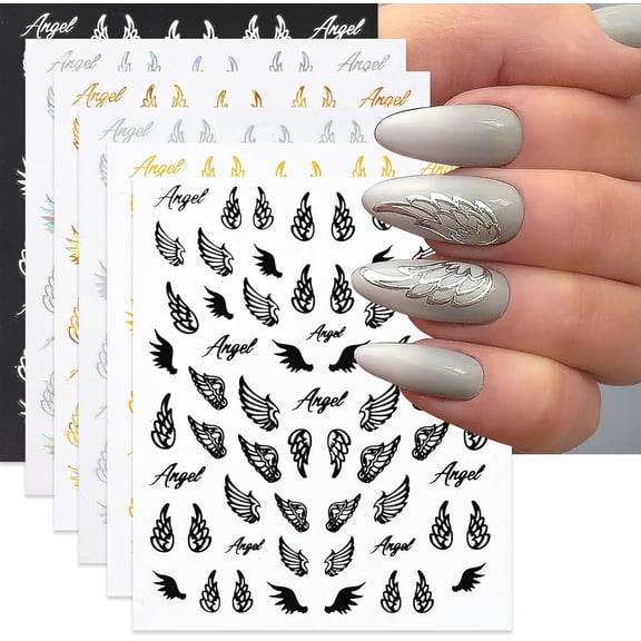 Angel Wings Nail Stickers Laser Metallic Angel Wings Nail Decals 3D Self-Adhesive Holographic Gold Silver Wings Letter Decals Stickers Design Nail Art Supplies for Nails Manicure Decorations 6 Sheets