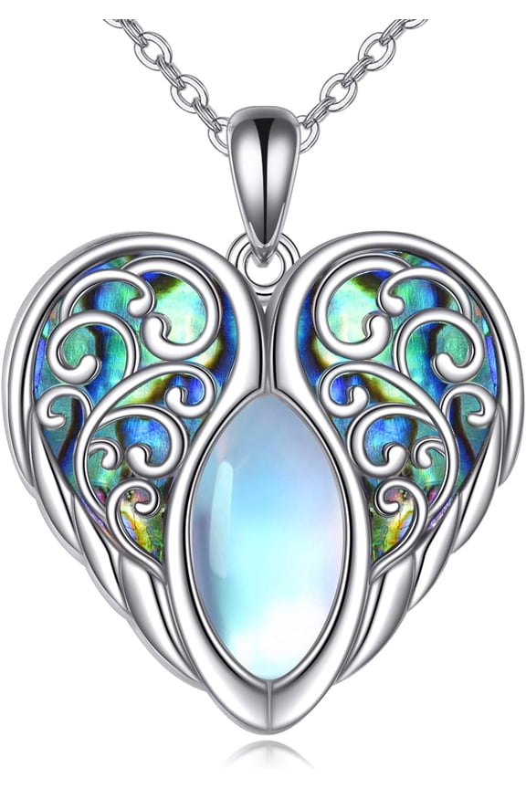 Angel Wings Necklace 925 Sterling Silver Guardian Angel Moonstone Pendant Necklace Wings Jewelry Gifts for Women Mom