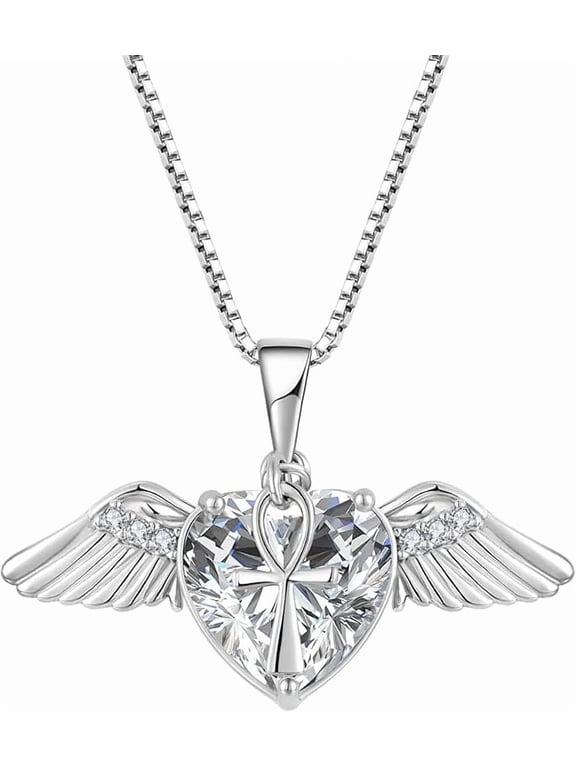 Angel Wings Necklace for Women, 925 Sterling Silver Angel Wings Pendant Necklace Love Heart Crystal Birthstone Necklace, Angel Jewelry Birthday Christmas Gifts for Women Wife Mom Girlfriend