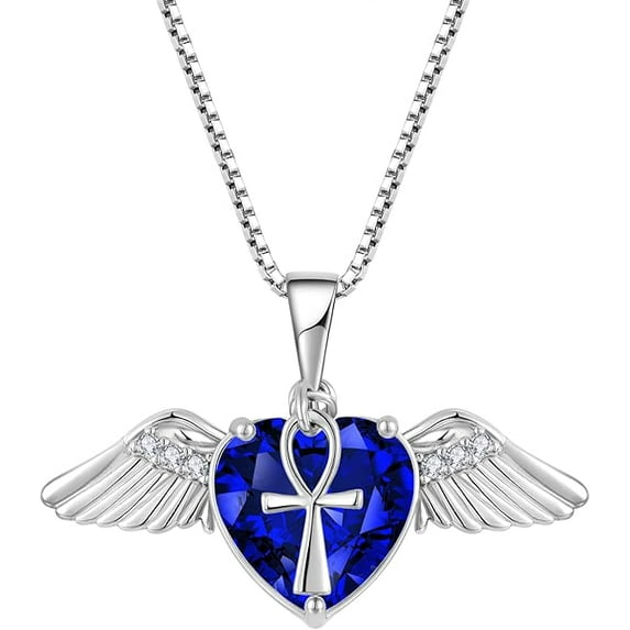 Angel Wings Necklace for Women, 925 Sterling Silver Angel Wings Pendant Necklace Love Heart Crystal Birthstone Necklace, Angel Jewelry Birthday Christmas Gifts for Women Wife Mom Girlfriend