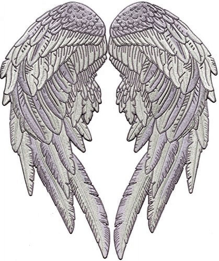 Angel Wings Patches | Silver 3D Feathers Back Patch | Embroidered Iron On | Large 2pc. Set - by Nixon Thread Co. (14.5")