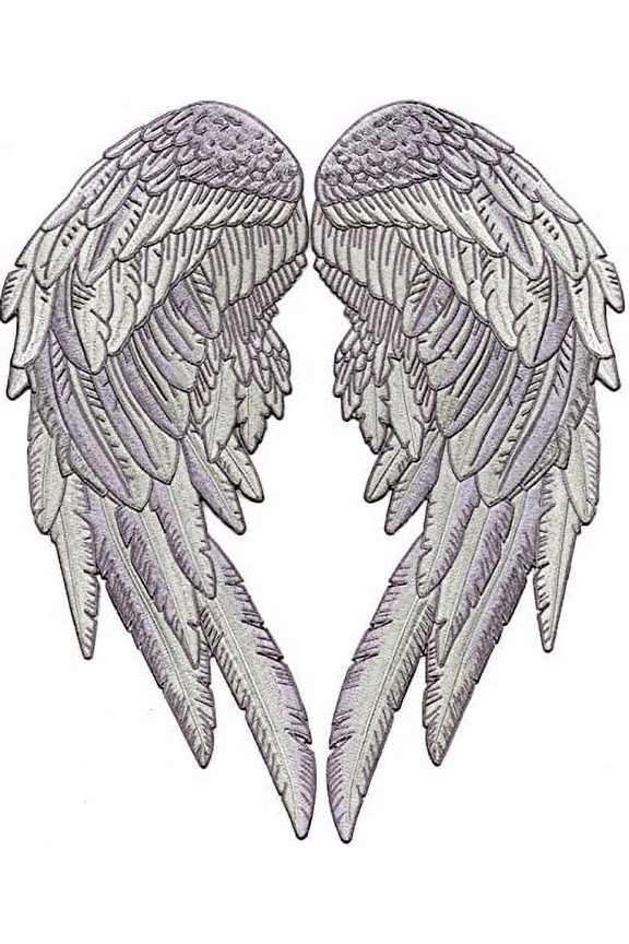 Angel Wings Patches | Silver 3D Feathers Back Patch | Embroidered Iron On | Large 2pc. Set - by Nixon Thread Co. (14.5")