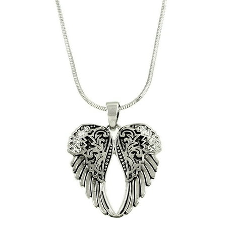 Angel Wings Pendant Necklace Rhodium High Polished J1450