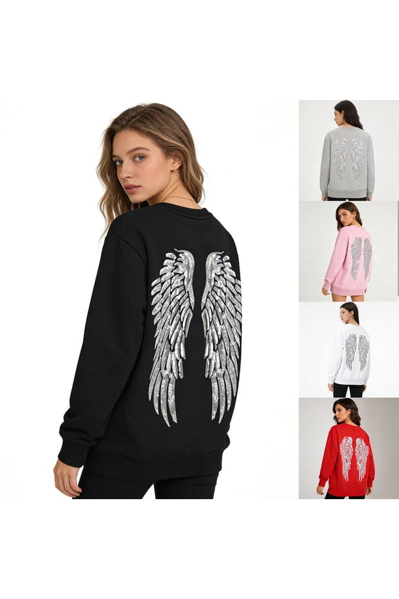 Angel Wings Print Women's Sweatshirt Long Sleeve Crewneck Loose Fit Spring Cute Pullover Sweater Fall Tops
