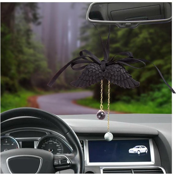 Angel Wings Rearview Mirror Pendant, Gypsum Lucky Hanging Ornament, Cute Car Interior Decoration, Universal Accessory for Women & Girls (Black)