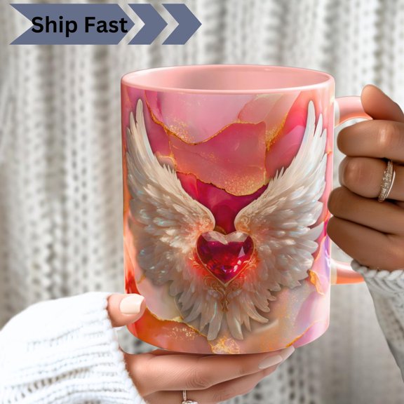 Angel Wings Ruby Heart PRINT Mug, Valentines Gift Cup, Birthstone Coffee Cup