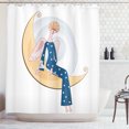 thumbnail image 1 of Angel Wings Shower Curtain, Archaic Woman with Trumpet Sitting on Crescent Moon Christmas Stars, Fabric Bathroom Set with Hooks, 69"W X 84"L Extra Long, Night Blue and Peach, by Ambesonne, 1 of 3