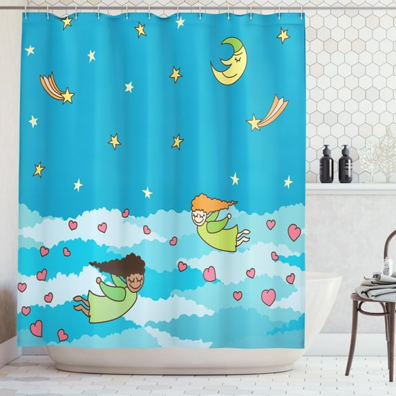Angel Wings Shower Curtain, Cute Kids Flying above the Clouds at Night Moon Childish Valentines, Fabric Bathroom Set with Hooks, 69"W X 75"L Long, Sky Blue Yellow Green, by Ambesonne