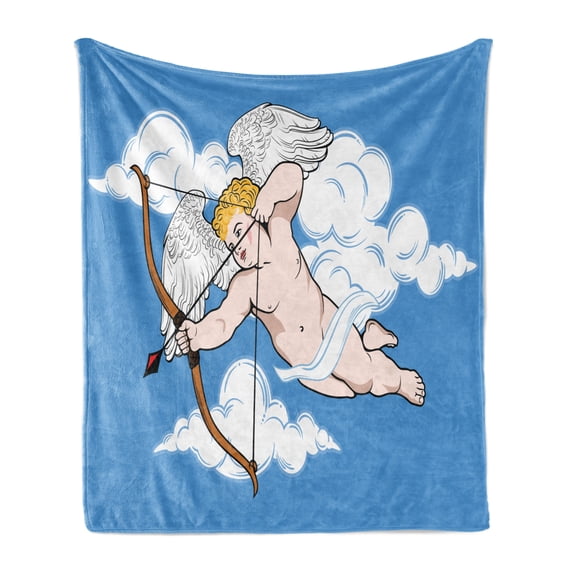 Angel Wings Soft Flannel Fleece Blanket, Cupid is Aiming from a Bow Love Shoot of Desire on the Clouds Cartoon Print, Cozy Plush for Indoor and Outdoor Use, 50" x 70", Blue and White, by Ambesonne