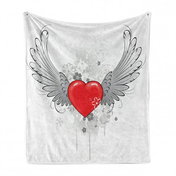 Angel Wings Soft Flannel Fleece Blanket, Wings with Heart Valentines Day Love Flowers Best Couple Anniversary, Cozy Plush for Indoor and Outdoor Use, 50" x 70", Pale Grey Vermilion, by Ambesonne