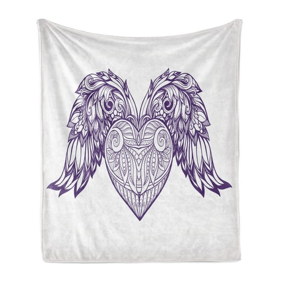 Angel Wings Soft Flannel Fleece Throw Blanket, Boho Ornamental Heart with Wings Love Feathers Romance Theme, Cozy Plush for Indoor and Outdoor Use, 60" x 80", Dark Purple Pale Mauve, by Ambesonne