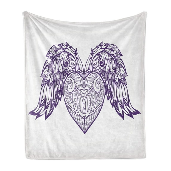 Angel Wings Soft Flannel Fleece Throw Blanket, Boho Ornamental Heart with Wings Love Feathers Romance Theme, Cozy Plush for Indoor and Outdoor Use, 70" x 90", Dark Purple Pale Mauve, by Ambesonne
