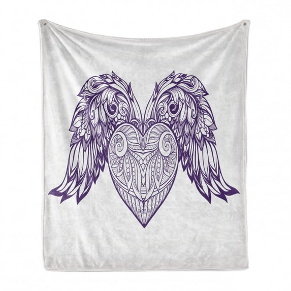 Angel Wings Soft Flannel Fleece Throw Blanket, Boho Ornamental Heart with Wings Love Feathers Romance Theme, Cozy Plush for Indoor and Outdoor Use, 50" x 60", Dark Purple Pale Mauve, by Ambesonne