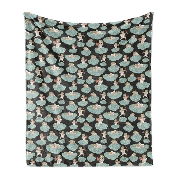 Angel Wings Soft Flannel Fleece Throw Blanket, Angel with Bow Heart and Arrow Love on Clouds Eros Cupid Kids, Cozy Plush for Indoor and Outdoor Use, 50" x 60", Pale Blue Grey Peach, by Ambesonne