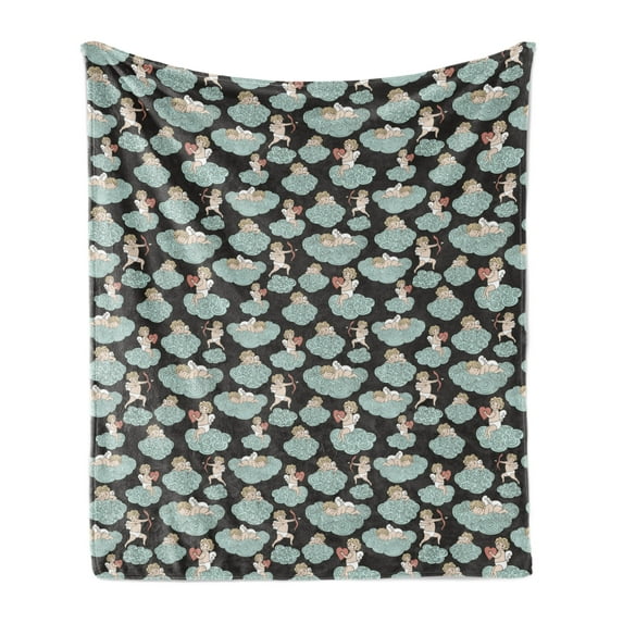 Angel Wings Soft Flannel Fleece Throw Blanket, Angel with Bow Heart and Arrow Love on Clouds Eros Cupid Kids, Cozy Plush for Indoor and Outdoor Use, 70" x 90", Pale Blue Grey Peach, by Ambesonne