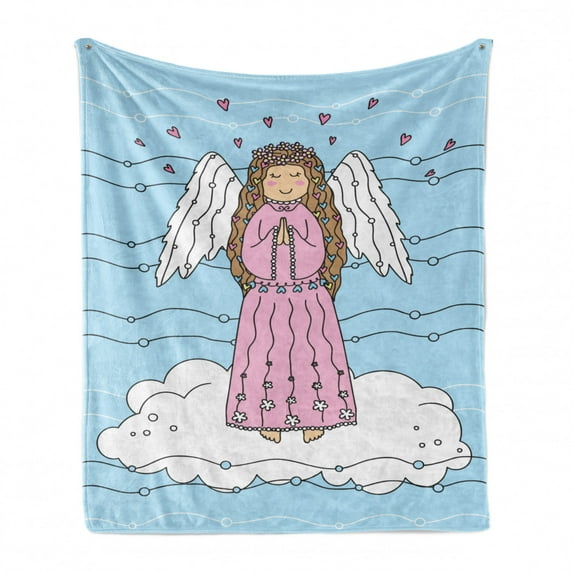 Angel Wings Soft Flannel Fleece Throw Blanket, Girl on Clouds for Love Christmas Hearts Doodle, Cozy Plush for Indoor and Outdoor Use, 50" x 70", Pale Azure Blue White, by Ambesonne