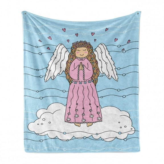 Angel Wings Soft Flannel Fleece Throw Blanket, Girl on Clouds for Love Christmas Hearts Doodle, Cozy Plush for Indoor and Outdoor Use, 70" x 90", Pale Azure Blue White, by Ambesonne
