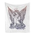 thumbnail image 1 of Angel Wings Soft Flannel Fleece Throw Blanket, Innocence Girl with Long Hair and Aureole on Head Noel Theme, Cozy Plush for Indoor and Outdoor Use, 60" x 80", Dark Purple Eggplant, by Ambesonne, 1 of 5