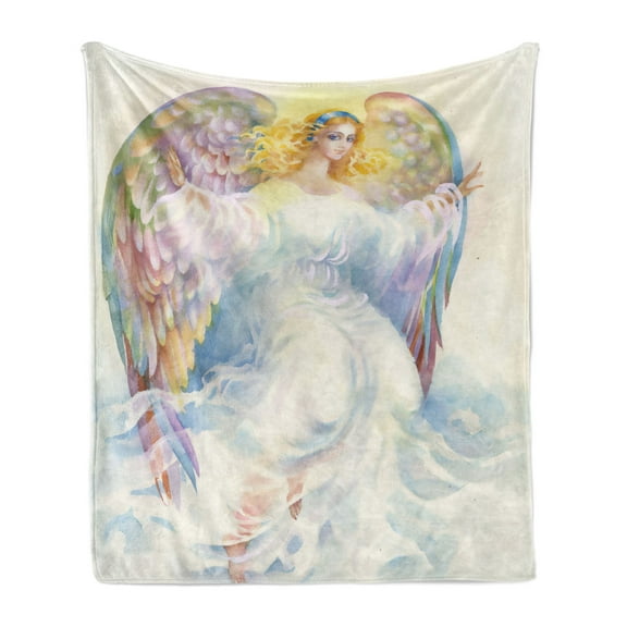Angel Wings Soft Flannel Fleece Throw Blanket, Renaissance Angelic Woman Beauty Baroque Rococo Pattern, Cozy Plush for Indoor and Outdoor Use, 60" x 80", Multicolor, by Ambesonne