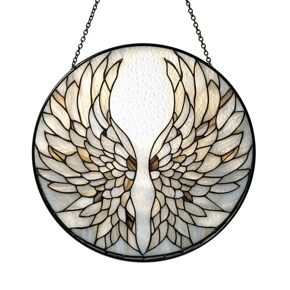 Angel Wings Stained Glass Round Suncatcher, Memorial Window Hanging Decor for Peaceful Remembrance