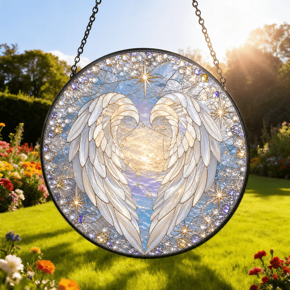 Angel Wings Stained Glass Suncatcher Window Hanging Gift for Mom or Memorial