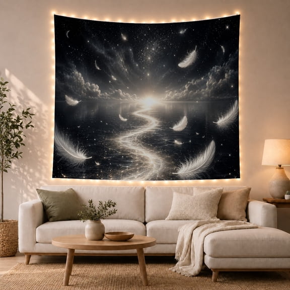 Angel Wings in a Starry Night Sky Over Ocean, Dreamy Celestial for Nature Lovers, Mystical Wall Art, Housewarming Gift Tapestry Wall Hanging for Bedroom, Living Room and Dorm