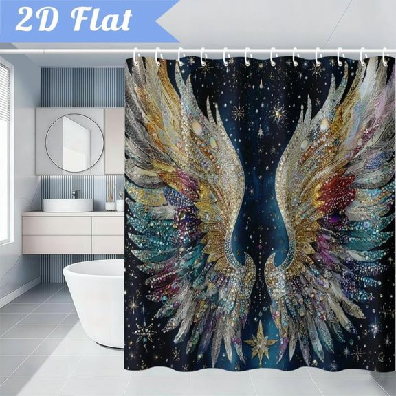 a Angel Wings And Starry Night Themed Shower Curtain Featuring a Black Metallic Design, Suitable for Home Decor, Bathroom Embellishment, And Bathtub Decoration, 70x70 Inch wit