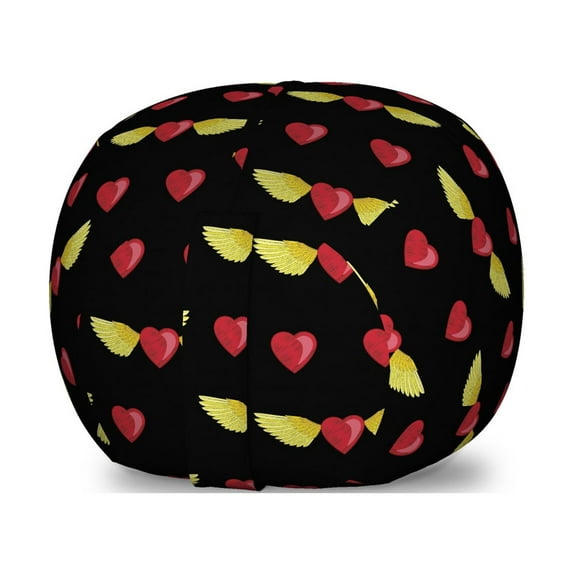 Angel Wings Storage Toy Bag Chair, Wings of Love Themed Hearts Flying Romantic Couple Celebration Design, Stuffed Animal Organizer Washable Bag, Small Size, Yellow Ruby Black, by Ambesonne