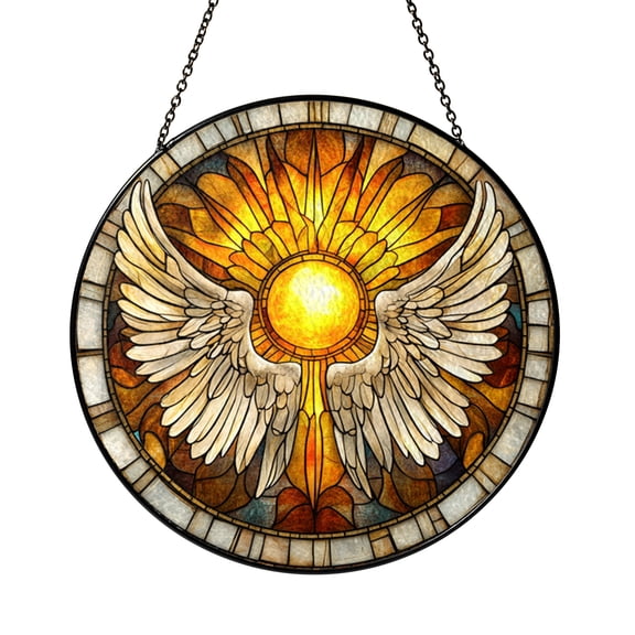 Angel Wings Sunburst Stained Glass Suncatcher Window Decor Featuring Winged Motif with Radiating Pattern Decorative Glass Art for Home Interior Window Display
