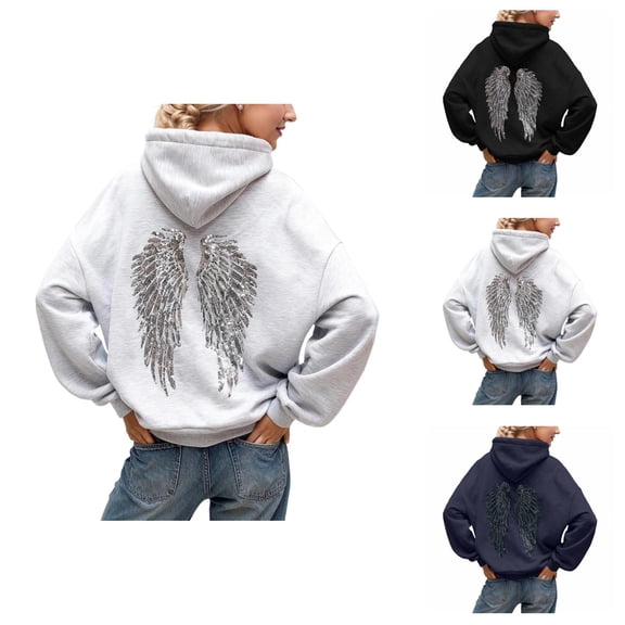 Angel Wings Sweatshirt for Women 2025 Women’s Hooded Sweatshirt With Embroidered Sparkle Detail Long Sleeve Pullover for Fall Winter