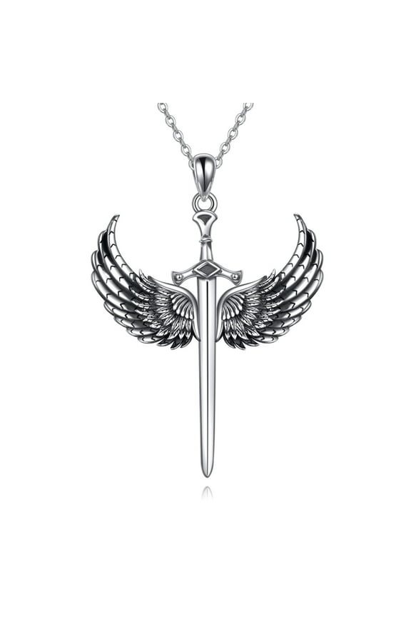 Angel Wings Sword Cross Pendant Necklace Sterling Silver Sword Jewelry For Women Men