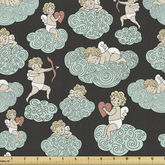 Ambesonne Wings Print Fabric by the Yard Upholstery, Love Sleeps on Clouds, 2 Yards, Pale Blue Grey Peach