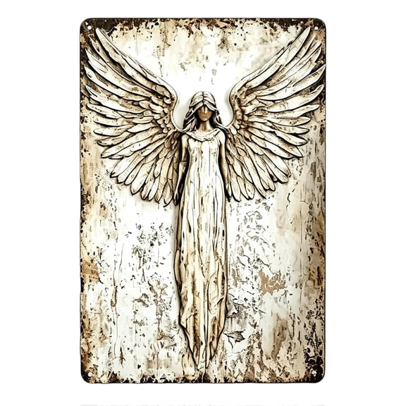 Angel Wings Wall Decor 8x12 Inch, Vintage Distressed Tinplate Guardian Angel Metal Plaque Sign for Home Bedroom Memorial Christian Decor