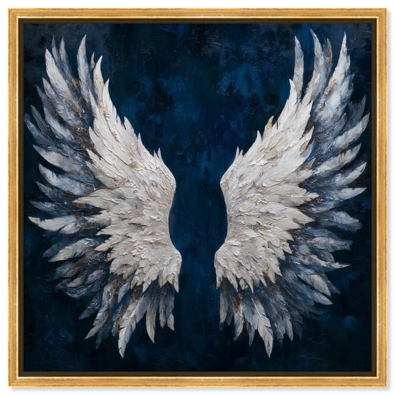 Angel Wings on Navy Canvas Print Christian Wall Decor by Art Remedy, Gold Frame, 16 x 16