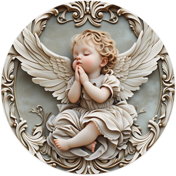 Angel With Wings Round Tin Sign Vintage Metal Wall Decor Circular Frame Poster for Home Bar Garage Cafe Kitchen 8 x 8 Inches